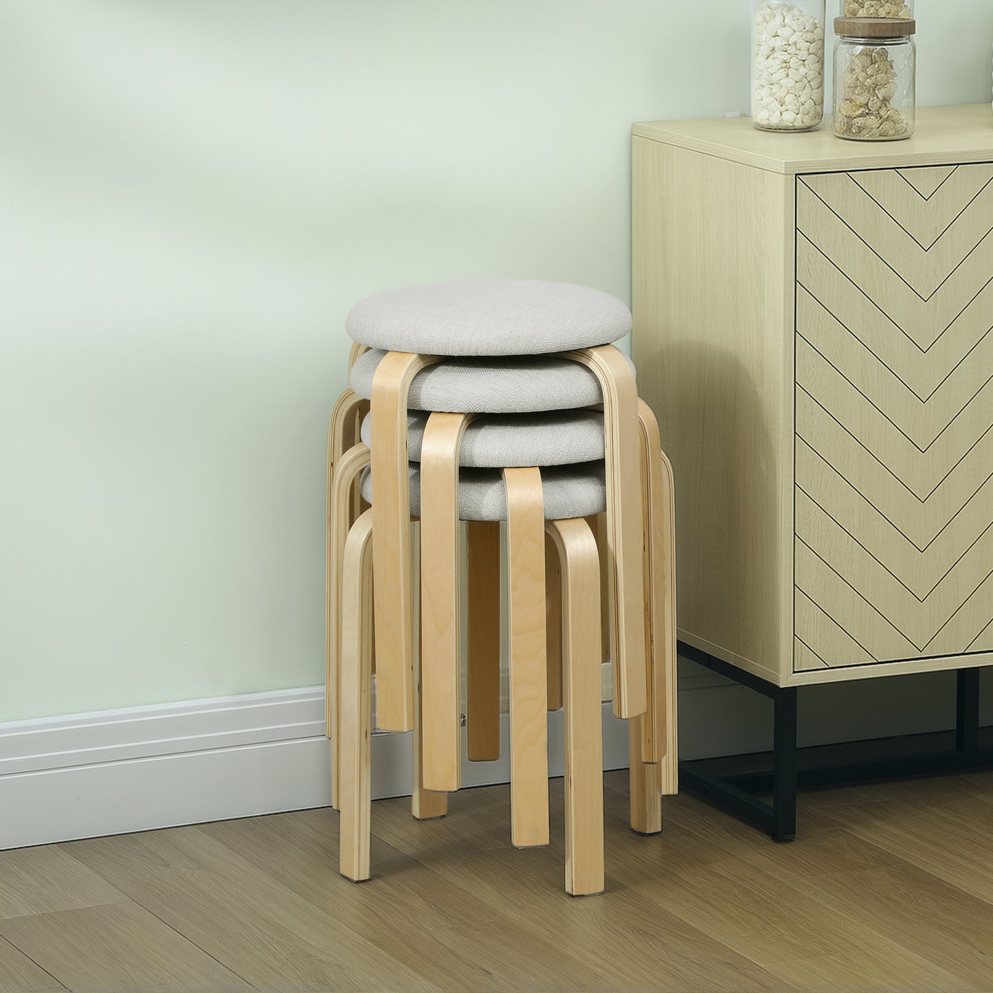 HOMCOM Polsterhocker im 4er-Set, stapelbar, lackierte Oberfläche, Holzbeine, Cremeweiß