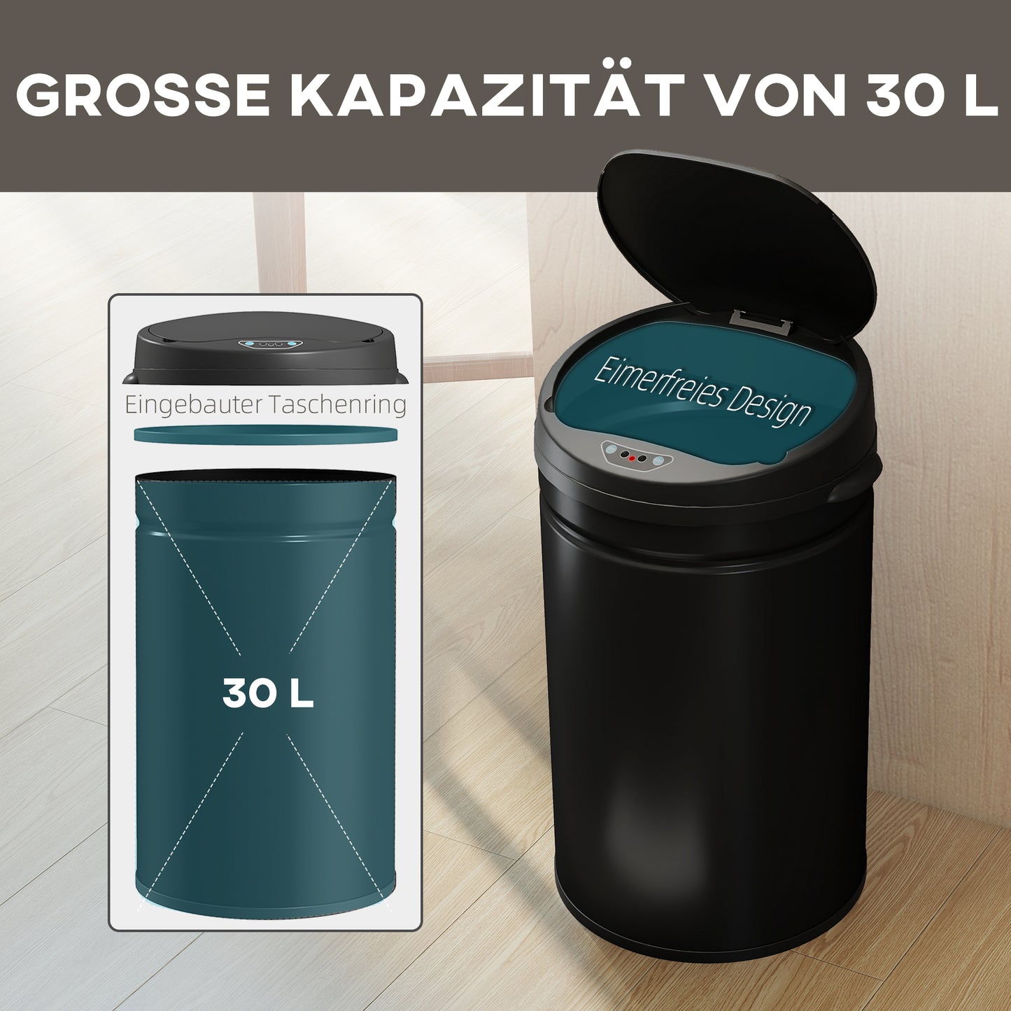 HOMCOM 30 Liter Sensor-Mülleimer mit Soft-Close-Funktion, berührungsfreier Abfalleimer aus Edelstahl für hygienische Küchen