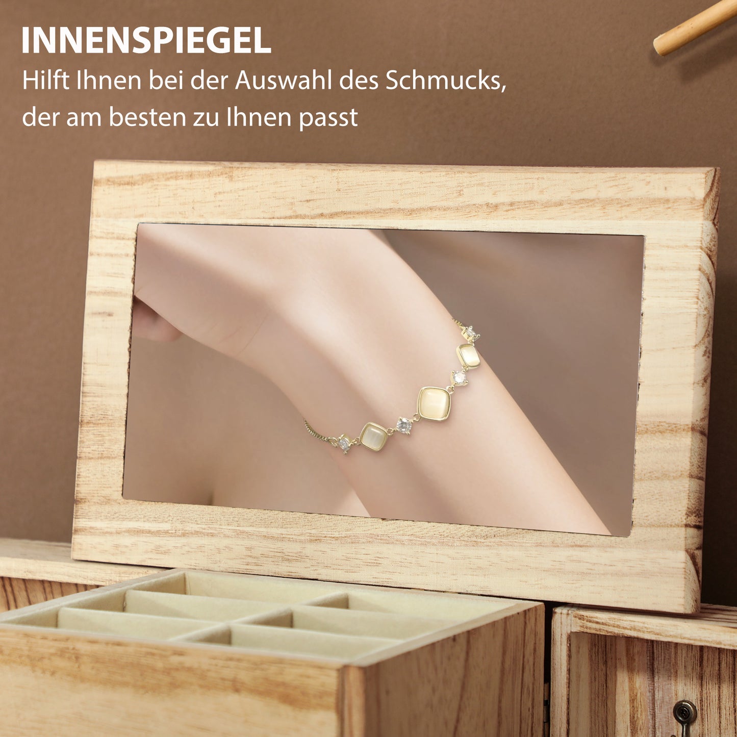 HOMCOM Schmuckbox, Schmuckschatulle, 4-stufiges Layout, integrierter Spiegel, Holz, Braun