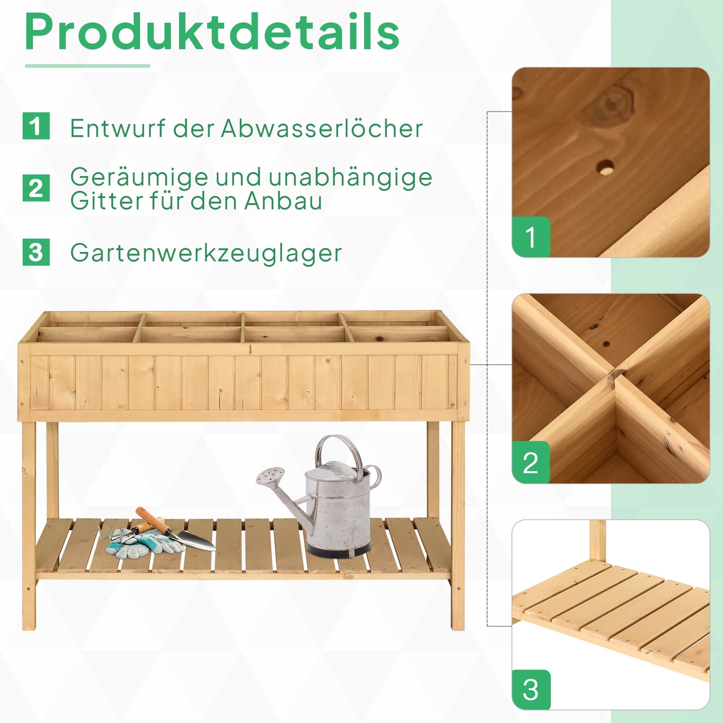 Outsunny Hochbeet 8 Fächer Pflanztisch Blumenkasten Tannenholz 1 Ablage + Abfluss