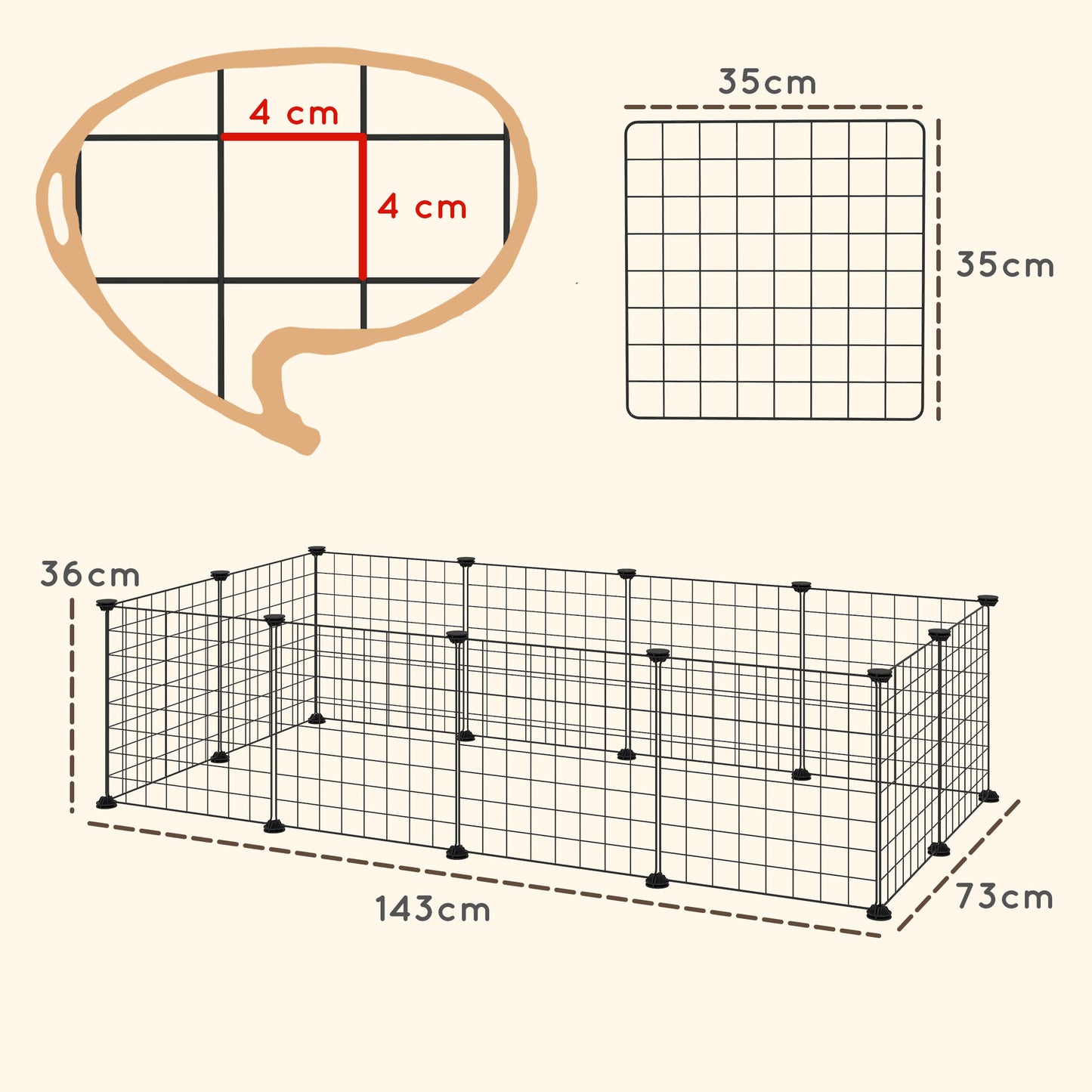 PawHut Gittergehege Freigehege Laufgehege für Kleintiere Laufstall Kleintierkäfig Metallgitter flexibel umformbar أسود 106 × 73 × 36 سم