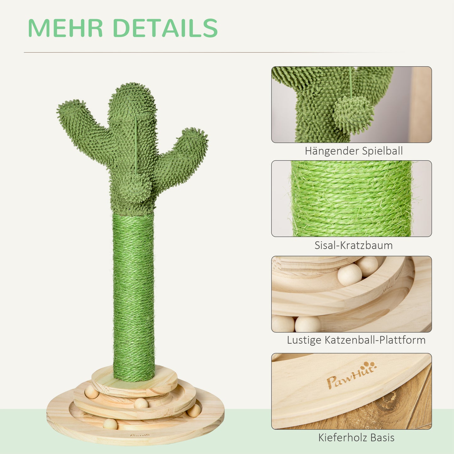 PawHut Katzen Kratzbaum Kaktus Katzenbaum Kiefernholz Sisal Seil Kratzstamm mit Holzkugel-Katzenspielzeug für Katzen 60 cm Hoch Grün+Natur