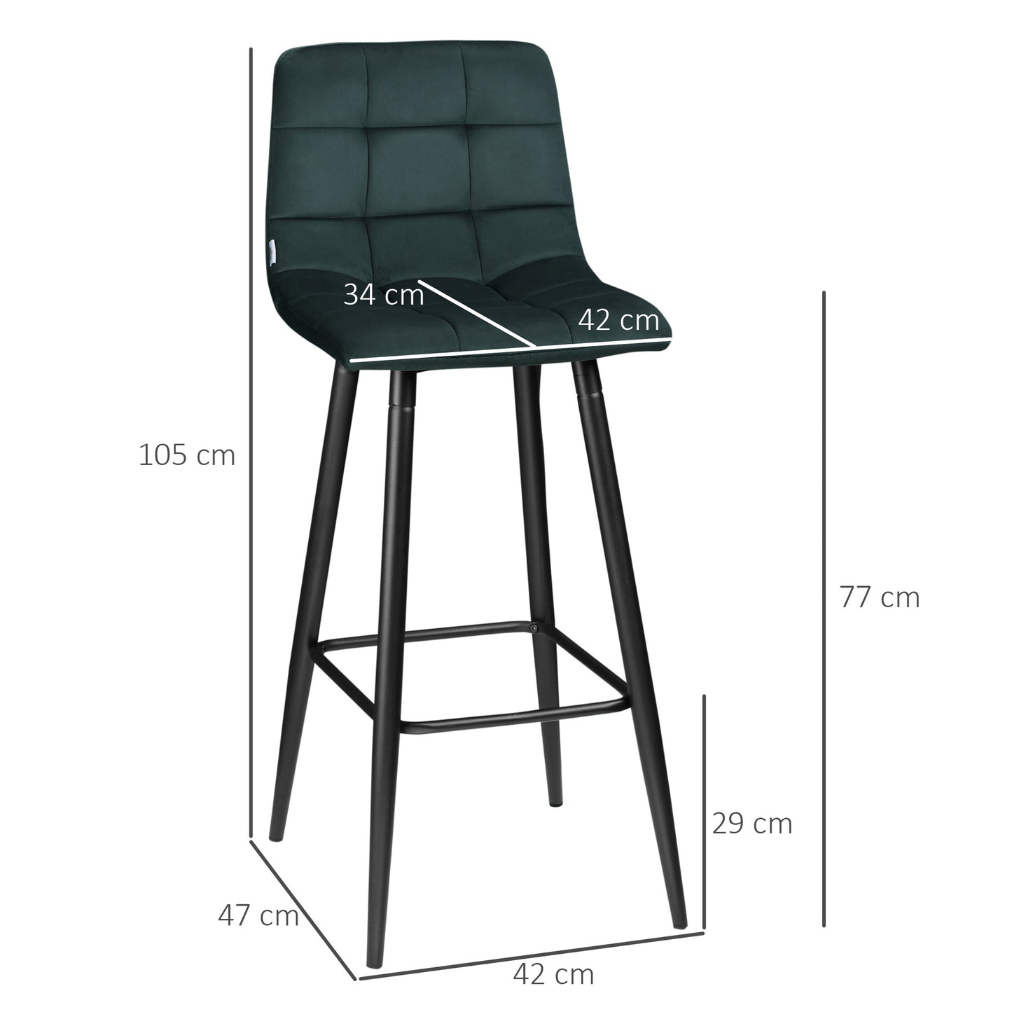 HOMCOM Barhocker 2er-Set, modernes Design, weicher Sitz, Stahlrahmen, 42 x 47 x 105 cm, Grün