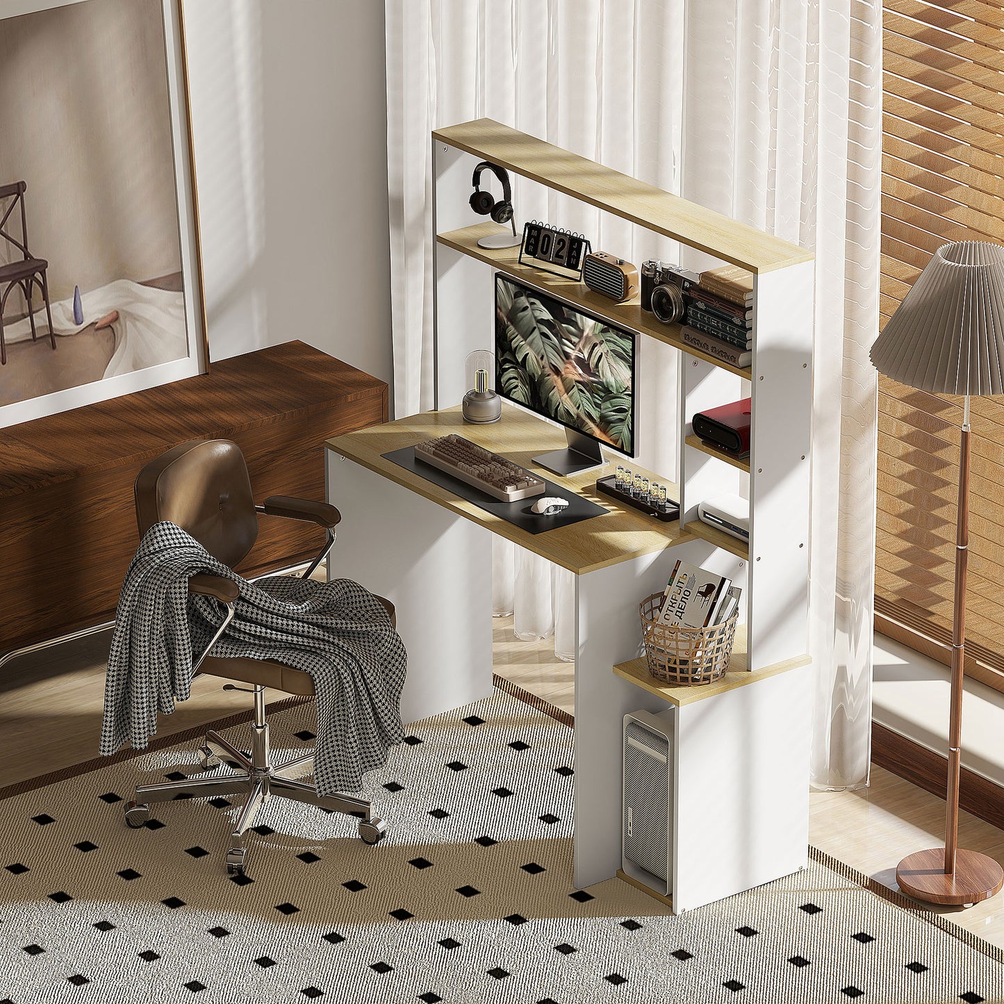 HOMCOM Computertisch, Schreibtisch mit offenen Regalen und Ablagefächern, aus Stahl, Hellbraun+Weiß