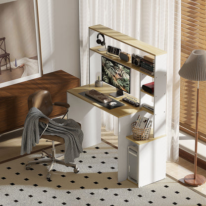 HOMCOM Computertisch, Schreibtisch mit offenen Regalen und Ablagefächern, aus Stahl, Hellbraun+Weiß