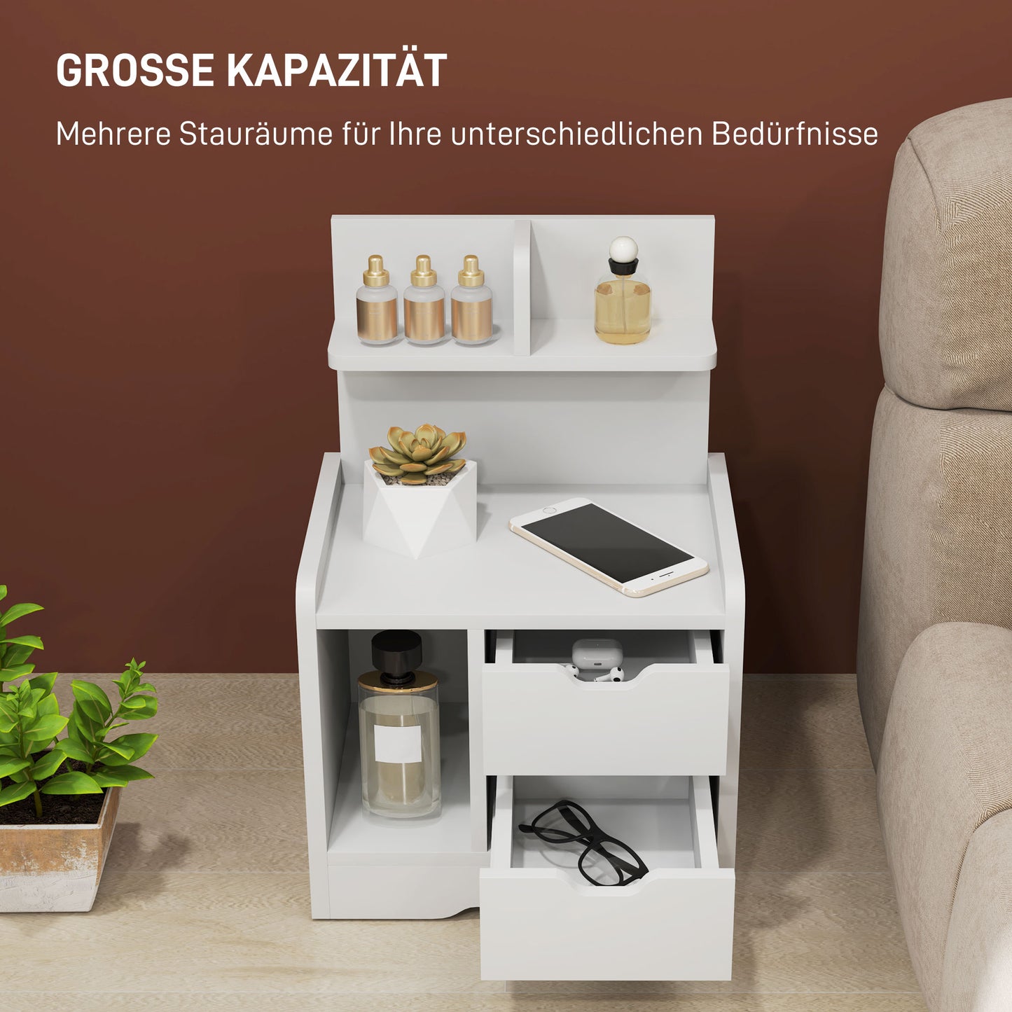 HOMCOM Nachttisch mit 2 Schubladen, offener Ablage, 40x30x60 cm, Weiß