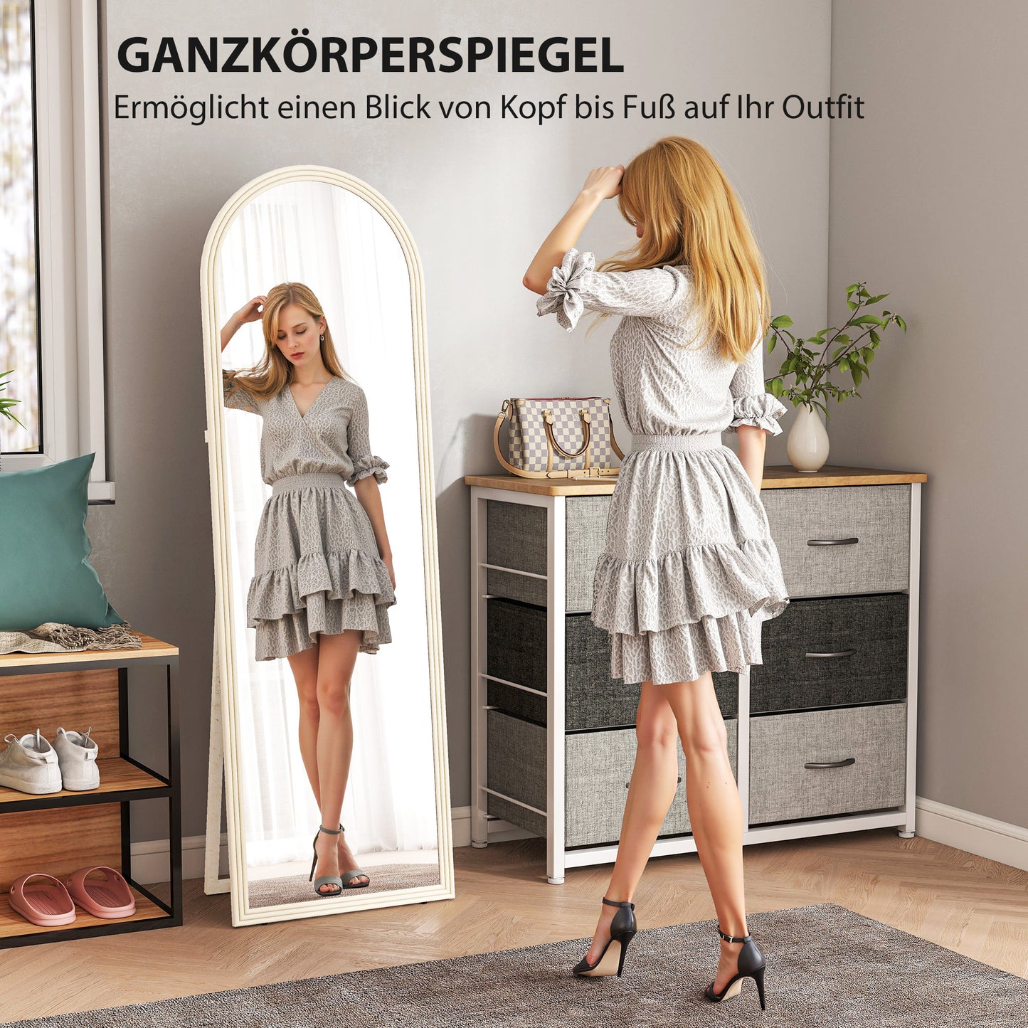 HOMCOM Ganzkörperspiegel, 50 x 160 cm, freistehend, Wandmontage, Bogenrahmen, Weiß