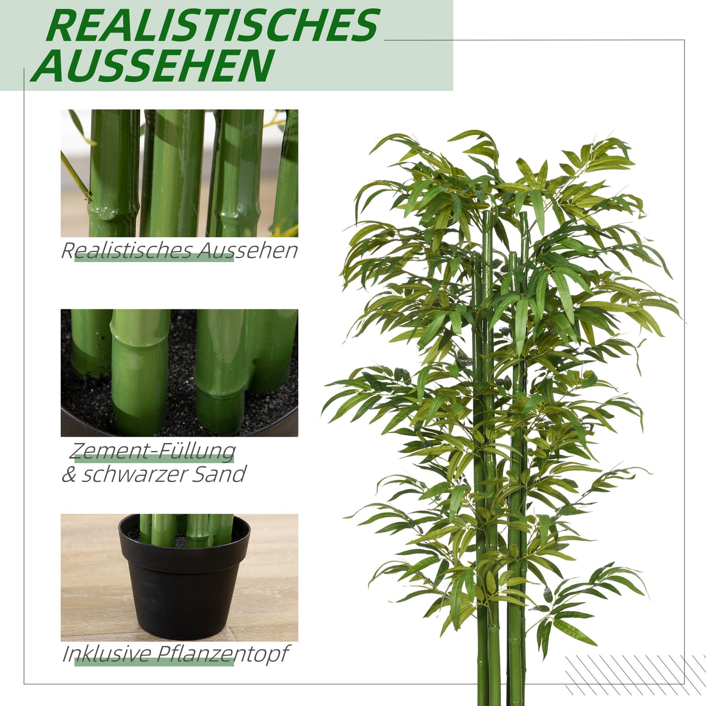 HOMCOM Kunstbambus, realistisches Aussehen, mit Blumentopf, für Indoor, 180 cm, Grün/Schwarz