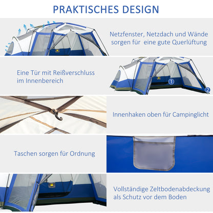 Outsunny Camping Zelt 6-8 Personen Zelt Familienzelt mit Vorraum 2 Fenster Kuppelzelt Kunstleder3000mm für Trekking Festival Glasfaser Blau 518 x 487 x 237 cm