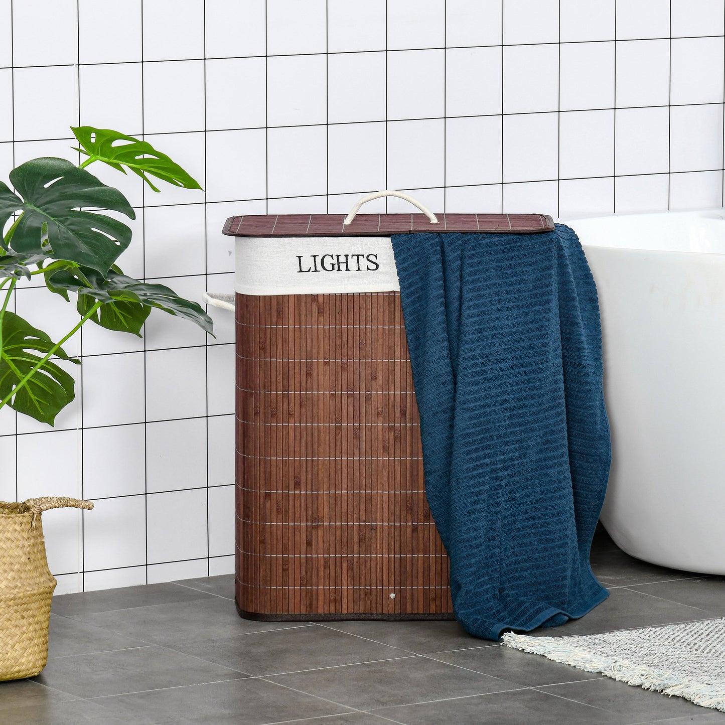 HOMCOM Bambus Wäschekorb schmal mit Deckel 100L Wäschesammler mit Griffen, 2 herausnehmbarer Wäschesack, Laundry Baskets Wäschebox für Waschküche, Schlafzimmer, Badezimmer Braun