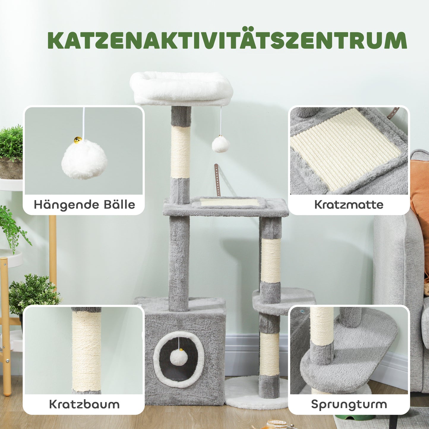 PawHut Kratzbaum 107 cm Katzenturm mit Höhle, 2 Plüschballen, Sisalstämme, große Plattform, 55x40x107 cm, Grau