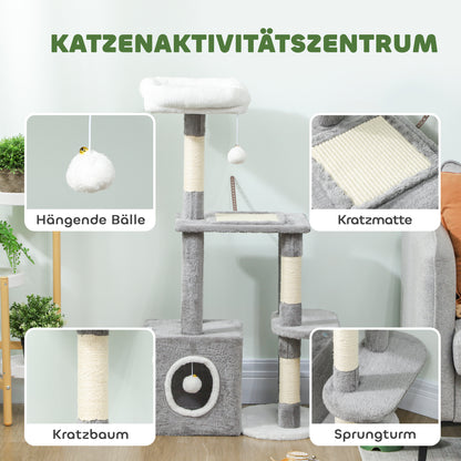 PawHut Kratzbaum 107 cm Katzenturm mit Höhle, 2 Plüschballen, Sisalstämme, große Plattform, 55x40x107 cm, Grau