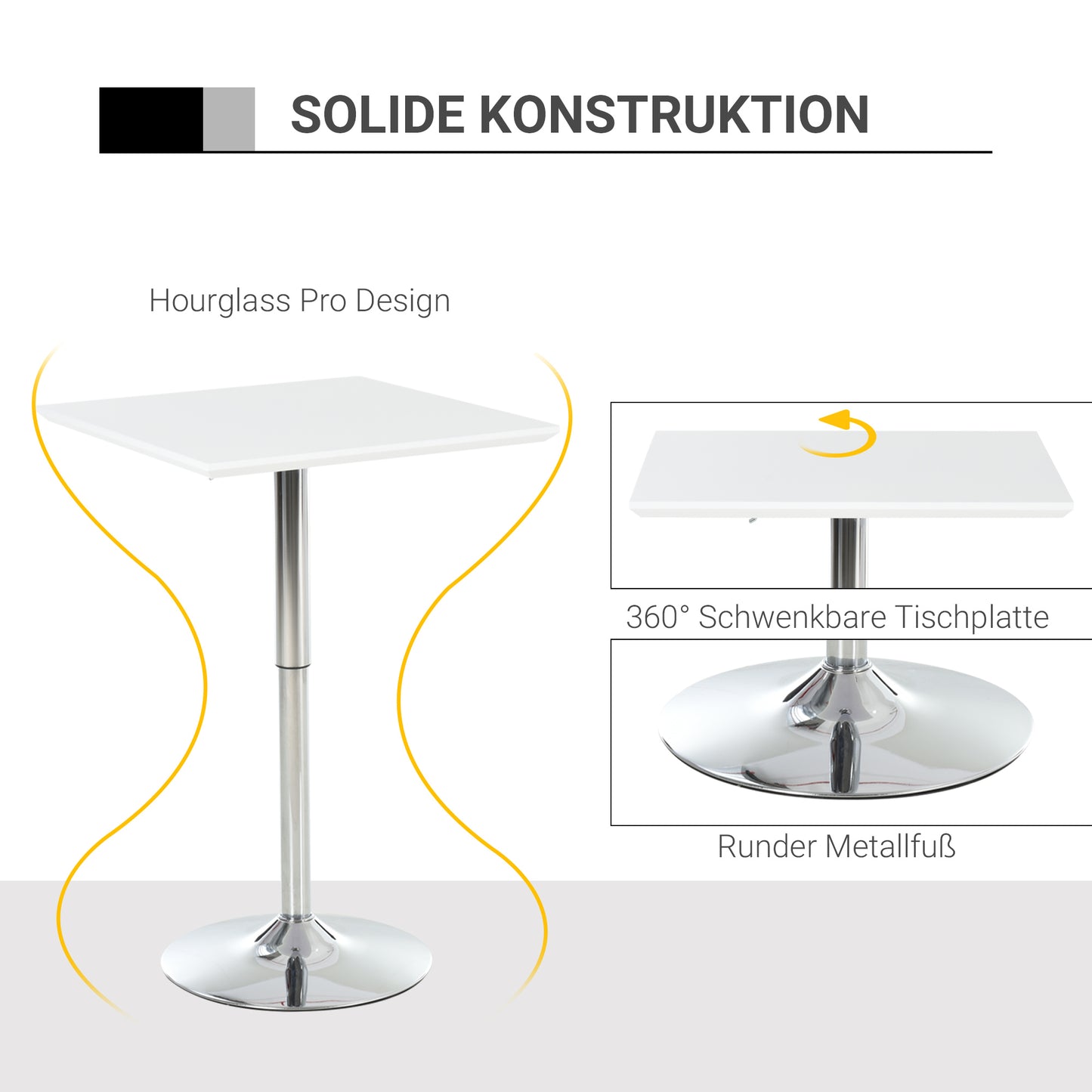 HOMCOM Bartisch Bistrotisch Pub Höhenverstellbarer Quadratischer Stehtisch Tisch Stahl Weiß 60 x 60 x 69-92 cm