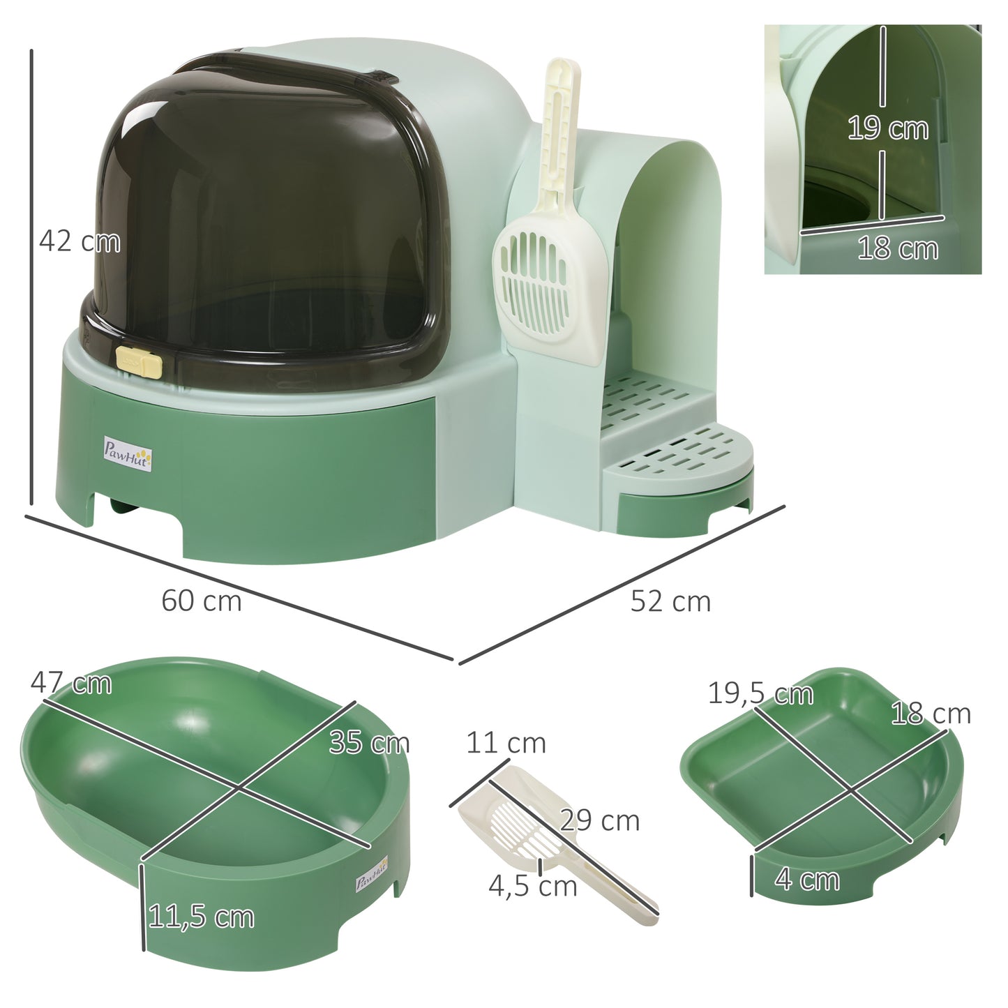 PawHut Katzentoilette, 2 herausziehbare Bodenwannen, 1 Schaufel, Streuauffangfach, abnehmbare Haube, Grün + Schwarz