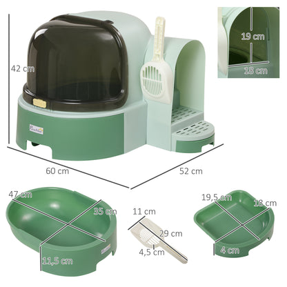 PawHut Katzentoilette, 2 herausziehbare Bodenwannen, 1 Schaufel, Streuauffangfach, abnehmbare Haube, Grün + Schwarz