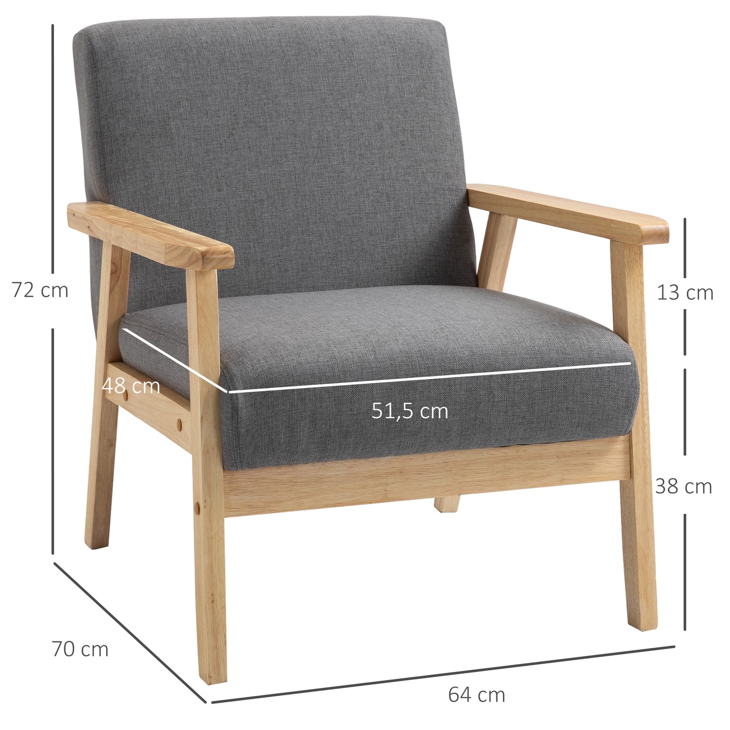 HOMCOM Sessel im Skandi-Design, Akzentsessel, Massivholz, Leinenoptik, 64 cm x 70 cm x 72 cm, Grau + Natur