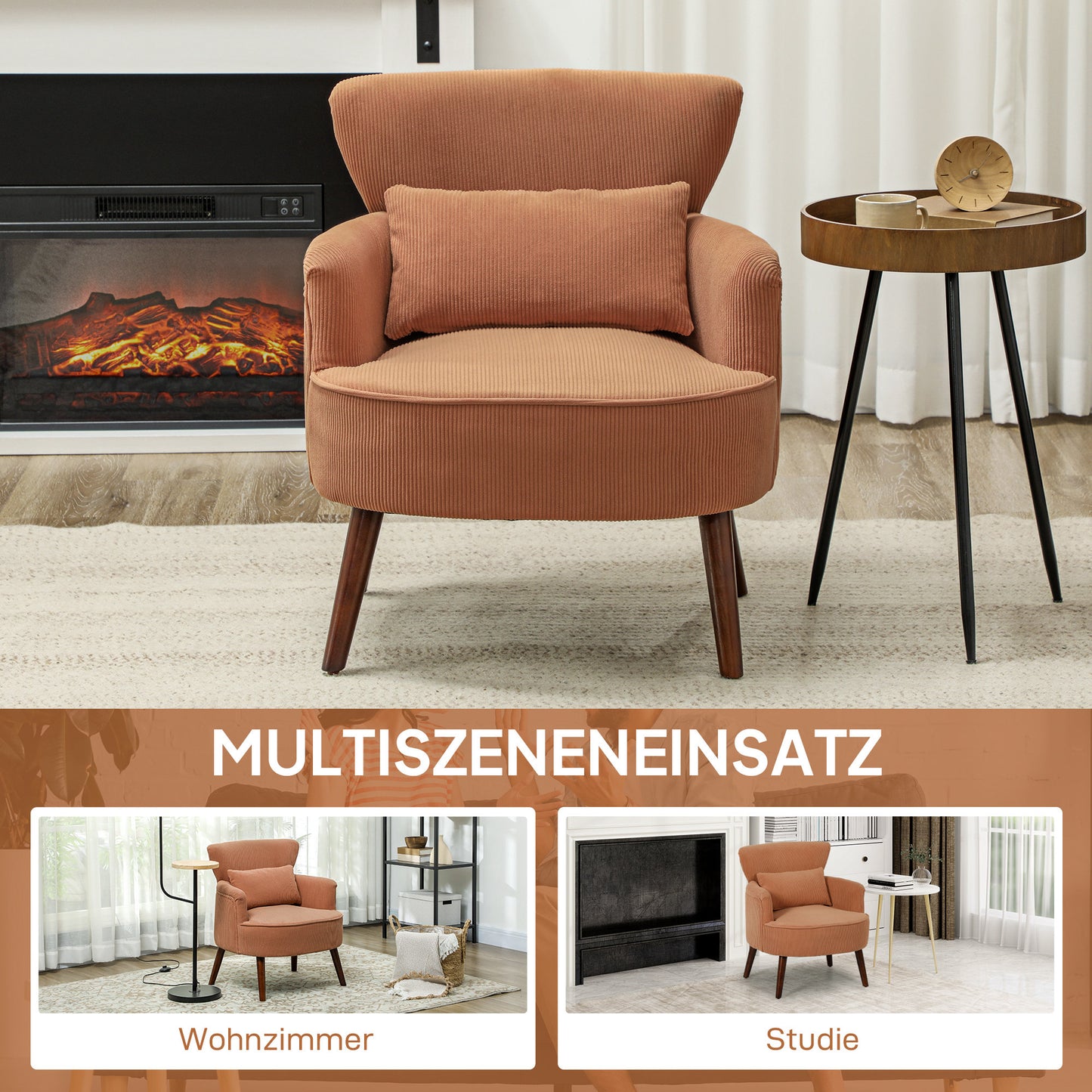 HOMCOM Moderner Armlehnstuhl، Gepolsterter Akzentstuhl mit Lendenkissen، Kautschukholzbeinen، Orange