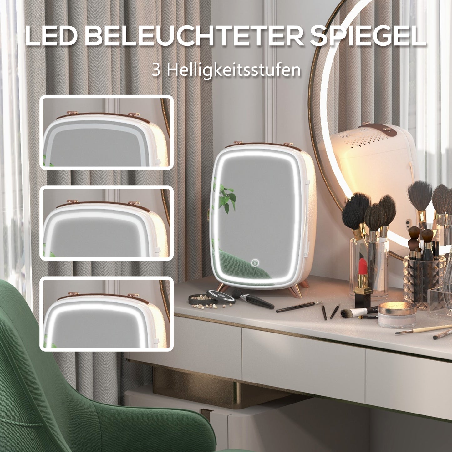 HOMCOM Minikühlschrank für Kosmetikprodukte, Getränke und Snacks, tragbar, mit beleuchtetem Spiegel, leiser Betrieb, 6L, Weiß