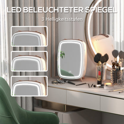 HOMCOM Minikühlschrank für Kosmetikprodukte, Getränke und Snacks, tragbar, mit beleuchtetem Spiegel, leiser Betrieb, 6L, Weiß