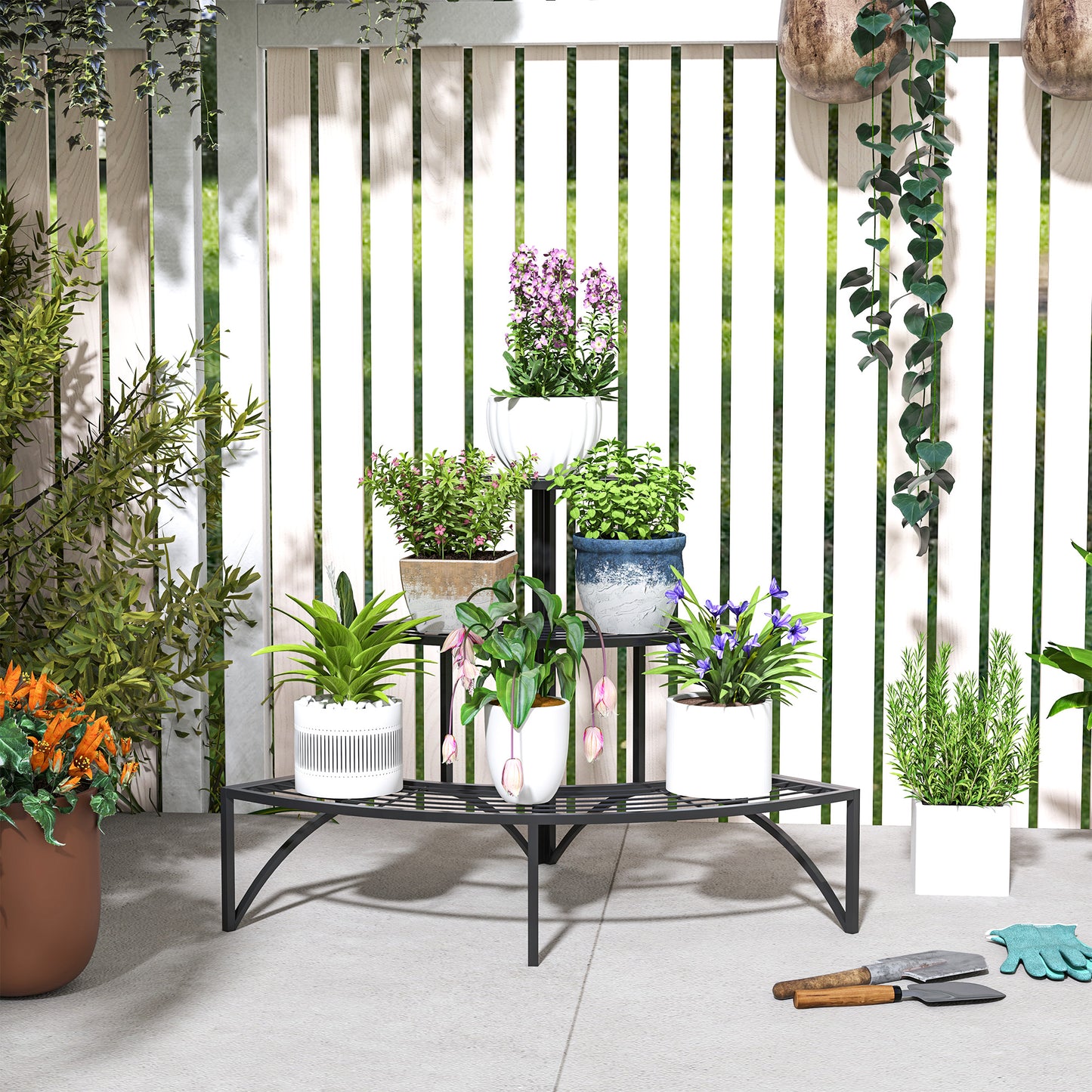 Outsunny Eckpflanzenständer, Blumenständer mit 3 Ebenen, Metall, für drinnen und draußen, Blumentopfständer, Schwarz