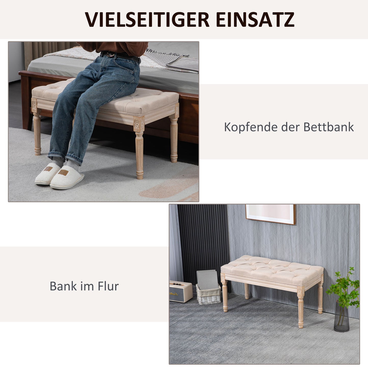 HOMCOM Sitzbank Vintagedesign Vintagebank, Knopfheftung, gedrechselte Beine, Shabby Chic, Creme