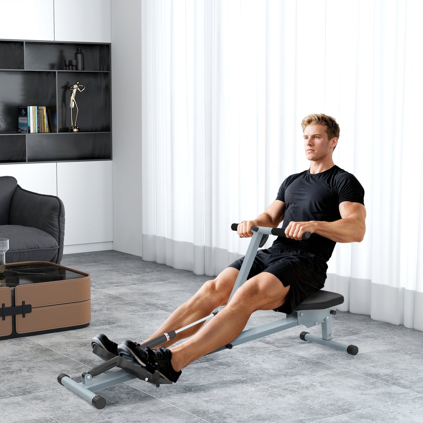 HOMCOM Rudergerät für Zuhause, Hydraulisches Fitness-Rudergerät mit LCD-Display, 12 Widerstandsstufen, Rudermaschine belastbar bis 100kg Fitnessgerät Trainingsgerät für das Ganzkörpertraining