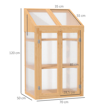 Outsunny Mini-Gewächshaus, kleines Treibhaus mit Holzrahmen, Fenster und Doppeltür, 3 Regale, 70L x 50B x 120H cm, Braun