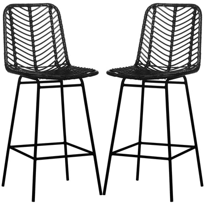 HOMCOM Barhocker, 2er-Set, Rattanoptik, Fußstütze, Stahlrahmen, rutschfest, bis 120 kg, 42,5x52x102 cm, Schwarz