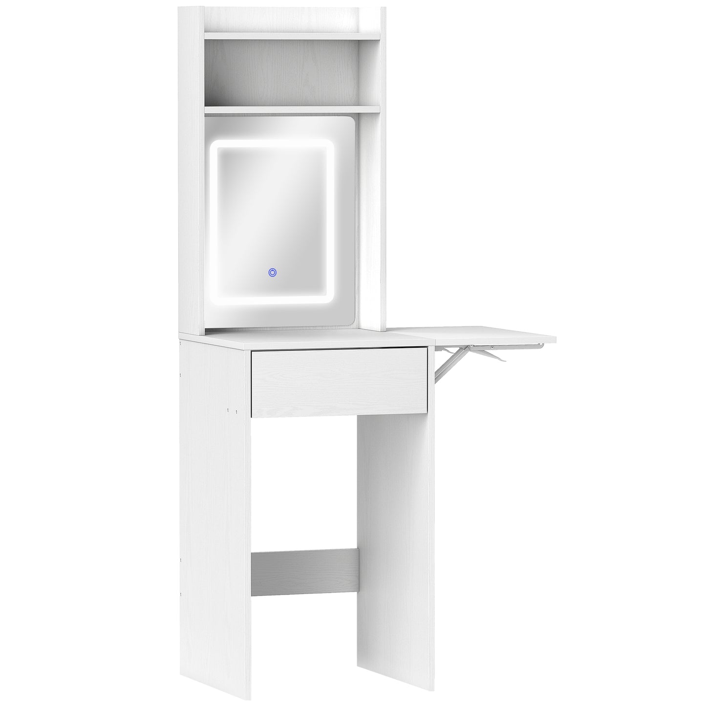 HOMCOM Kompakter Schminktisch mit Spiegel und LED-Beleuchtung, klappbare Tischplatte, offenere Regale, Schublade, MDF, Weiß