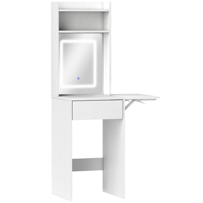 HOMCOM Kompakter Schminktisch mit Spiegel und LED-Beleuchtung, klappbare Tischplatte, offenere Regale, Schublade, MDF, Weiß