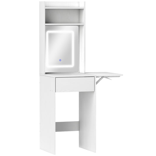 HOMCOM Kompakter Schminktisch mit Spiegel und LED-Beleuchtung, klappbare Tischplatte, offenere Regale, Schublade, MDF, Weiß