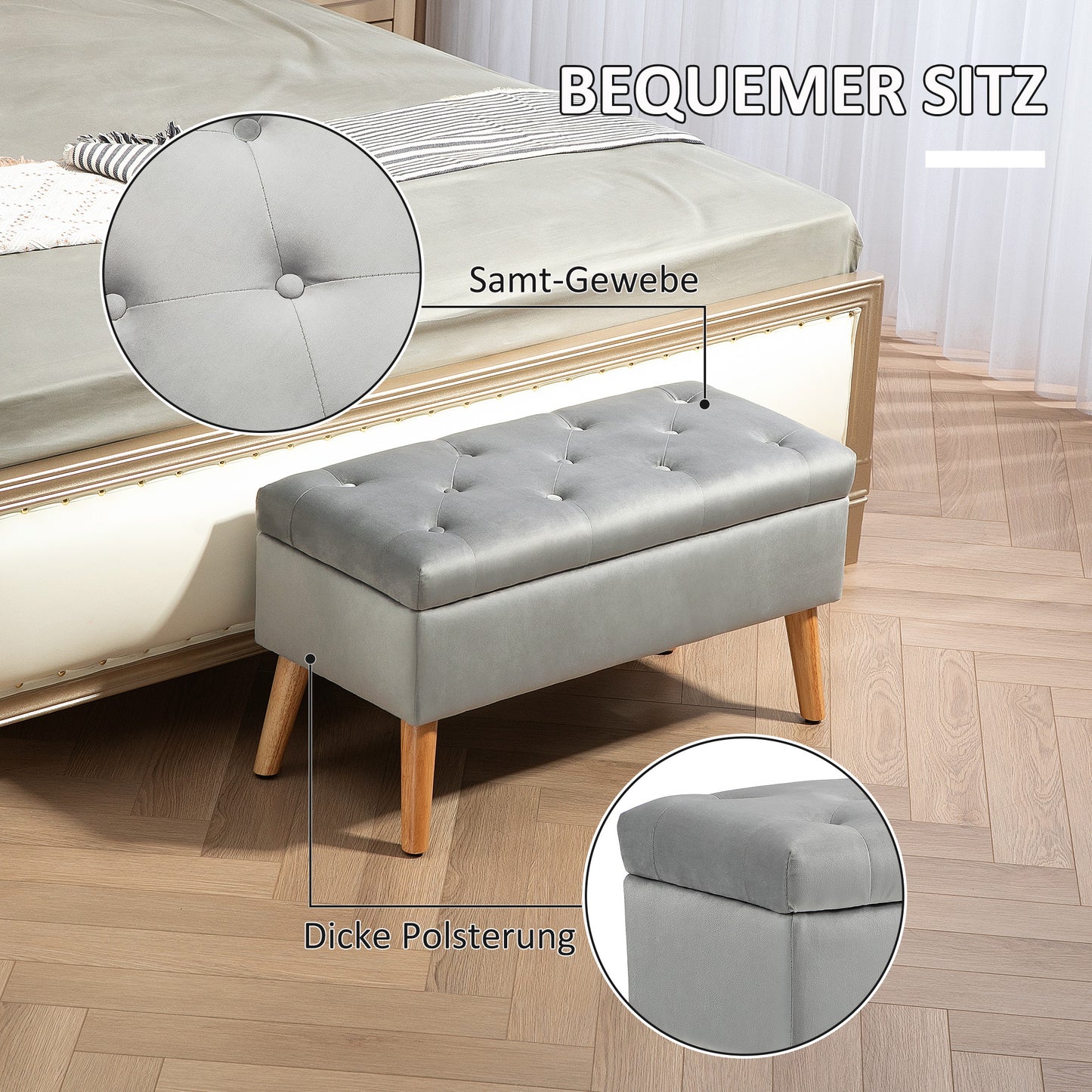 HOMCOM Polsterbank mit Stauraum, Stoffbezug in Samtoptik, Holzbeine, für Wohnzimmer, Schlafzimmer, Flur, 80 x 35 x 42 cm, Grau