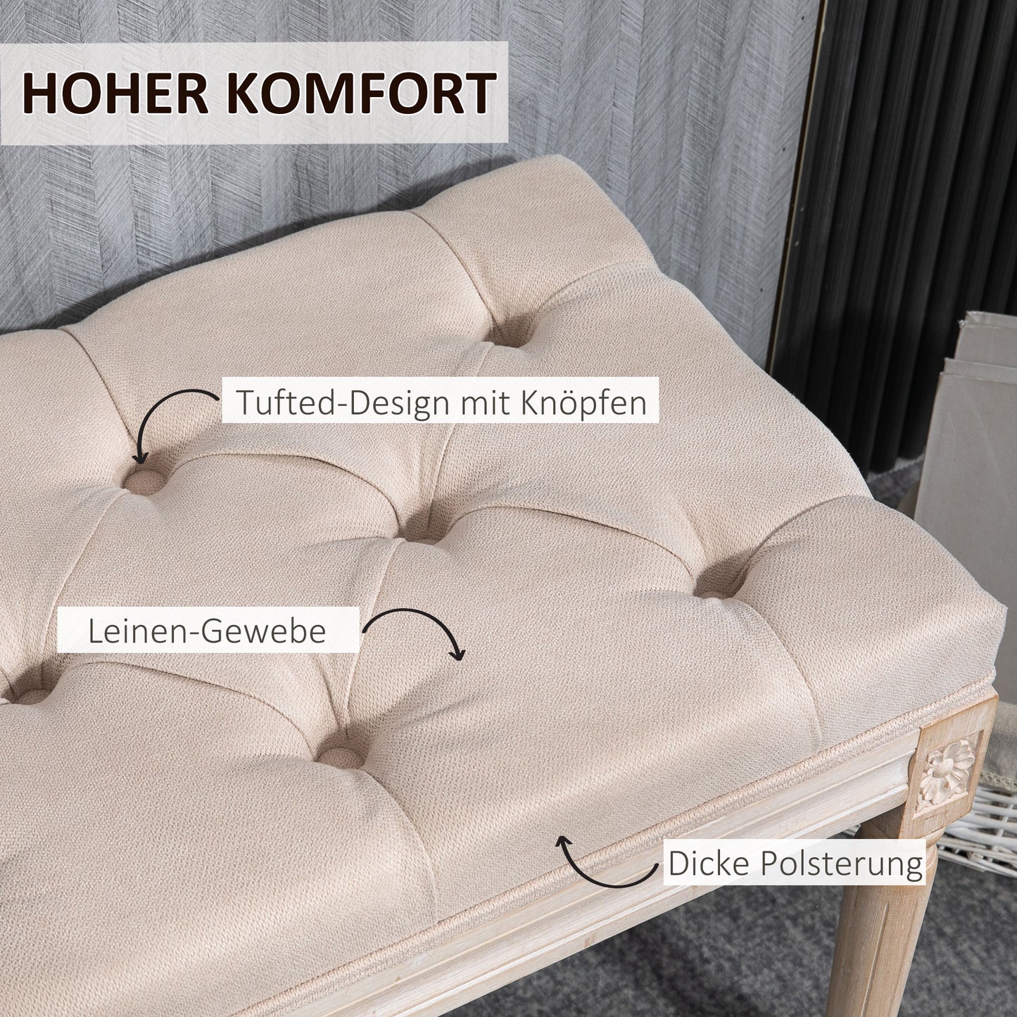 HOMCOM Sitzbank Vintagedesign Vintagebank, Knopfheftung, gedrechselte Beine, Shabby Chic, Creme + Weiß
