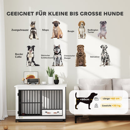 PawHut Große Hundebox, einfacher Zugang, verschließbar, drehbarer Schüsselhalter, für kleine und große Hunde, Weiß