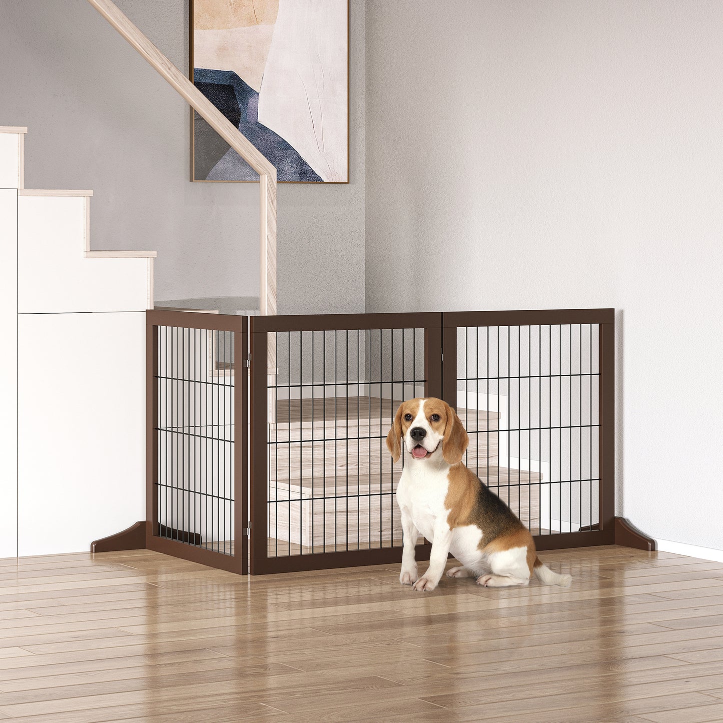PawHut Absperrgitter Hund Freistehendes Schutzgitter mit Füßen 185 x 71 cm Holz Hundegitter Treppenschutzgitter Treppengitter Hundeabsperrgitter für Treppen, Türen, Küche, Flur, 3 Paneelen, Braun