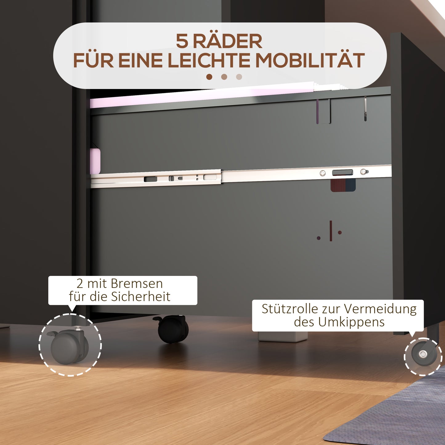 Vinsetto Rollcontainer Aktenschrank, 2 Schubladen, ab­schließ­bar, rollbar, 37 cm x 43,5 cm x 67,5 cm, Schwarz