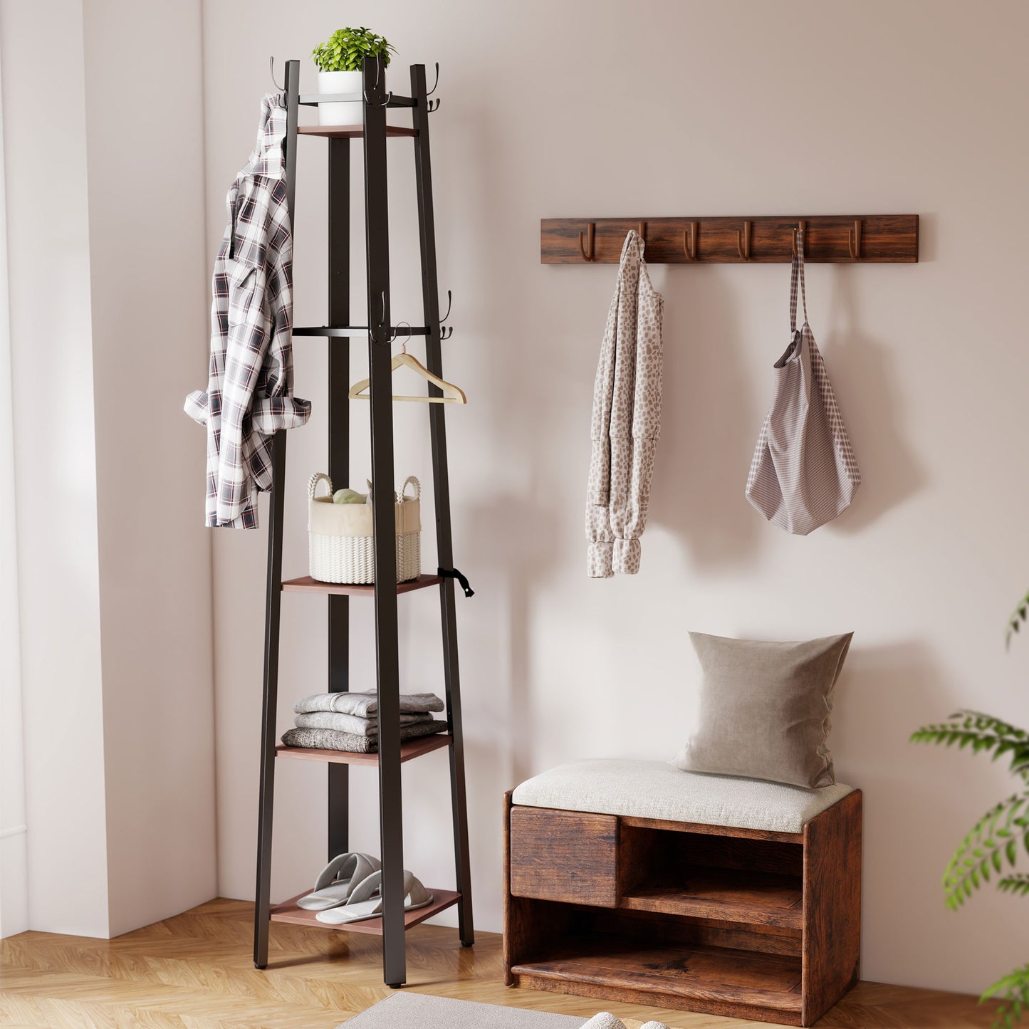 HOMCOM Garderobenständer mit 4 Ebenen, freistehender Kleiderständer, 8 Haken, 4 Regale, Industrie-Stil, Metall, Spanplatte, Braun