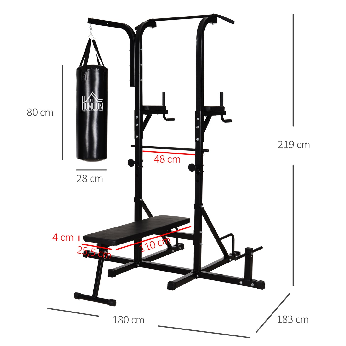 HOMCOM Kraftstation mit Klimmzugstange, Multifunktionale Dip-Station, Trainings-Gerät für Zuhause, mit Boxsack, Fitness, Stahl, Schwarz, 180 x 183 x 219 cm