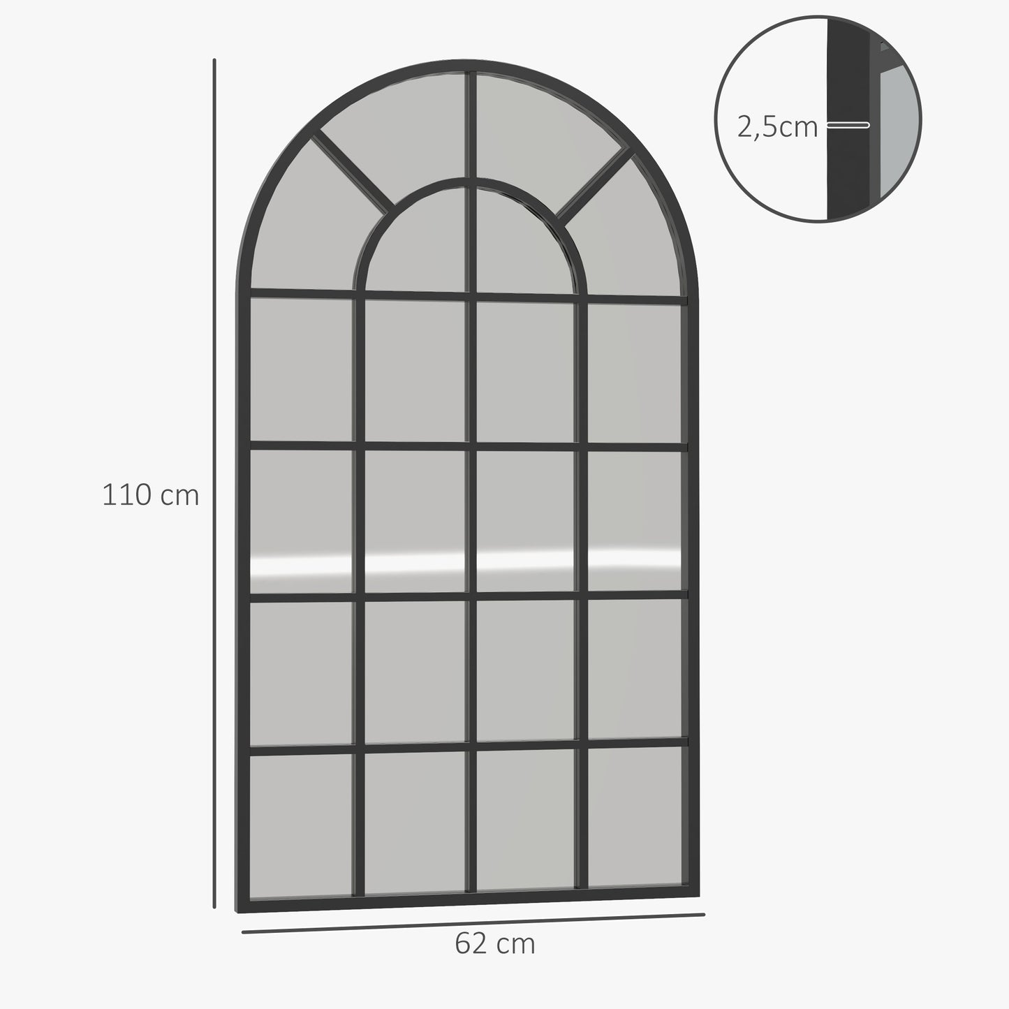 HOMCOM Dekospiegel großer Spiegel, Fensteroptik, Bogenförmig, inkl. Aufhängung. Schwarz + Spiegelglas