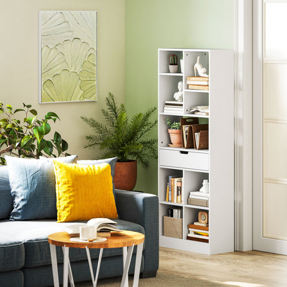 HOMCOM Bücherregal, Mehrzweckregal, 9 Fächer, Schublade, Kippschutz, 60 x 26 x 158 cm, Weiß