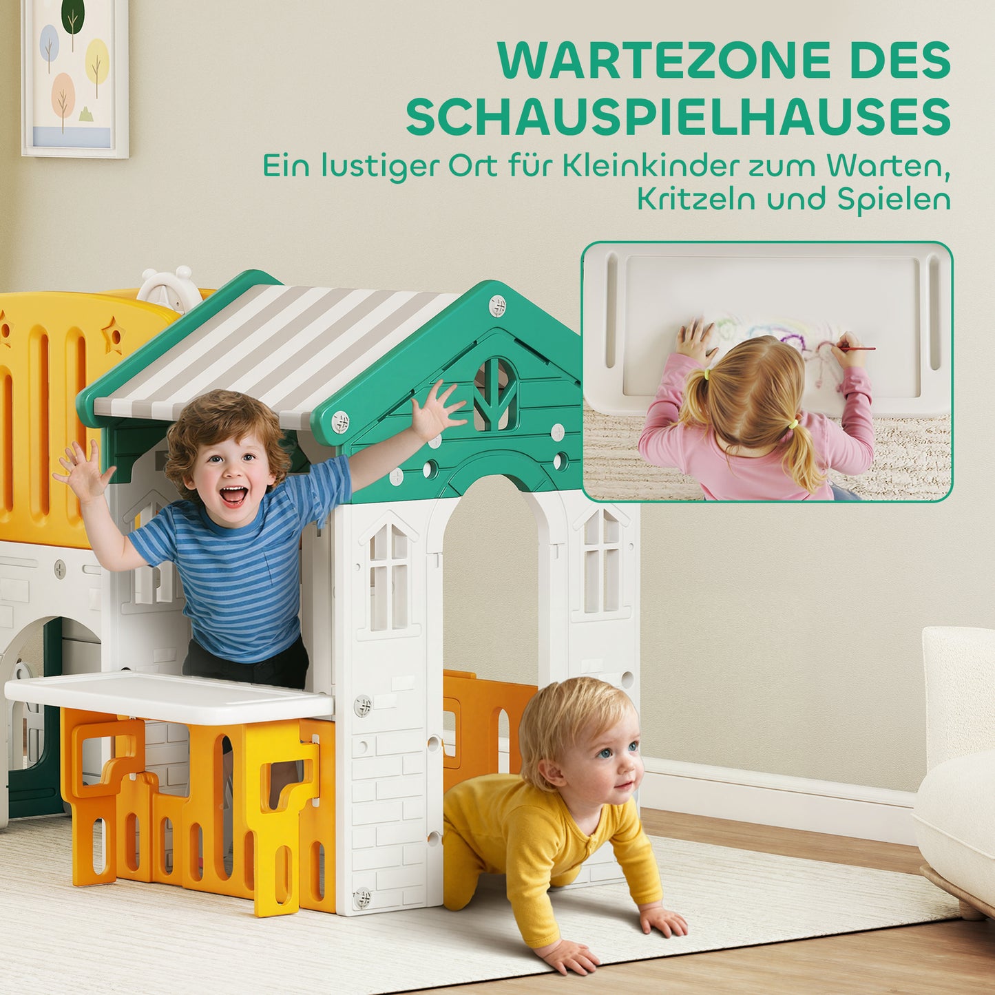 AIYAPLAY 7-in-1 Kinderrutsche, Indoor-Spielplatz, Klettergerüst, Haus, Tafel, Basketballkorb, 1-4 Jahre, Kunststoff, Gelb+Grün