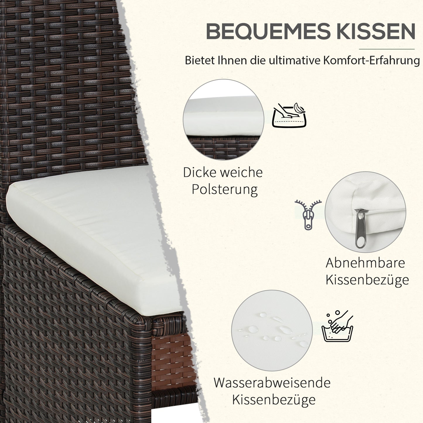 Outsunny 5-teiliges Polyrattan Gartenmöbel-Set, wetterfest Balkonmöbel für 4 Personen Terrassenmöbel mit Tisch 4 Stühle Kissen, Lounge-Set Essgruppe Sitzgruppe für Balkon, Garten, Braun+Khaki