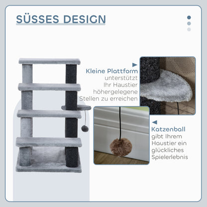 PawHut Katzentreppe 4-stufige Haustiertreppe mit Kratzsäulen Ball Hundetreppe Tiertreppe für Katzen bis 5 kg Plüsch Jute Grau 60 x 40 x 64 cm