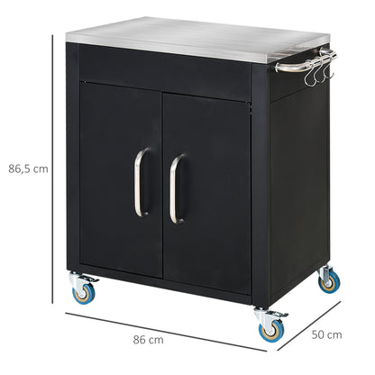 HOMCOM Küchenwagen mit Rollen, Servierwagen, Rollwagen mit Schrank, Haken und Edelstahlgriffe, Küchenhilfe, BBQ Grilltisch aus Edelstahl Küchentrolley, 86 x 50 x 86,5 cm Schwarz