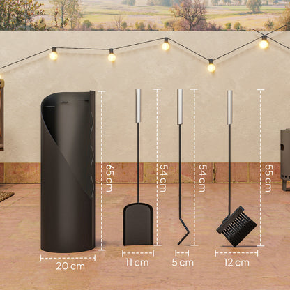 Outsunny Kaminbesteck Set 4-teilig Kaminzubehör mit Besen, Schaufel, Schürhaken und Korb, Kamingarnitur, Metall, Schwarz