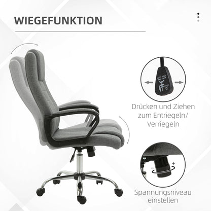 Vinsetto Bürostuhl Computerstuhl mit Wippenfunktion Kopfstütze ergonomischer Schreibtischstuhl drehbar höhenverstellbar Leinen-Touch Grau 62 x 76 x 110-119 cm
