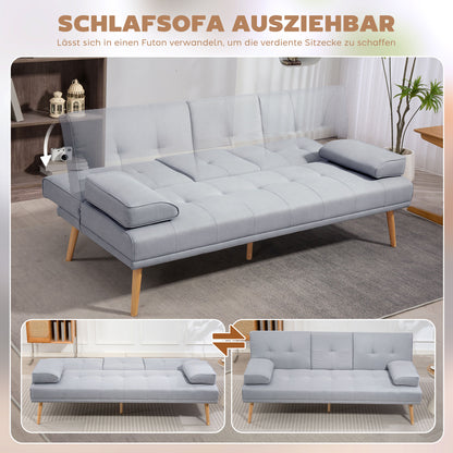 HOMCOM Schlafsofa، 3-Sitzer-Sofa، Bettsofa mit Klappbarem Tisch، Stoffsofa mit Leinenoptik، Schlafcouch mit Becherhalter، im Skandi-Design، bis 250kg Belastbar، Hellgrau