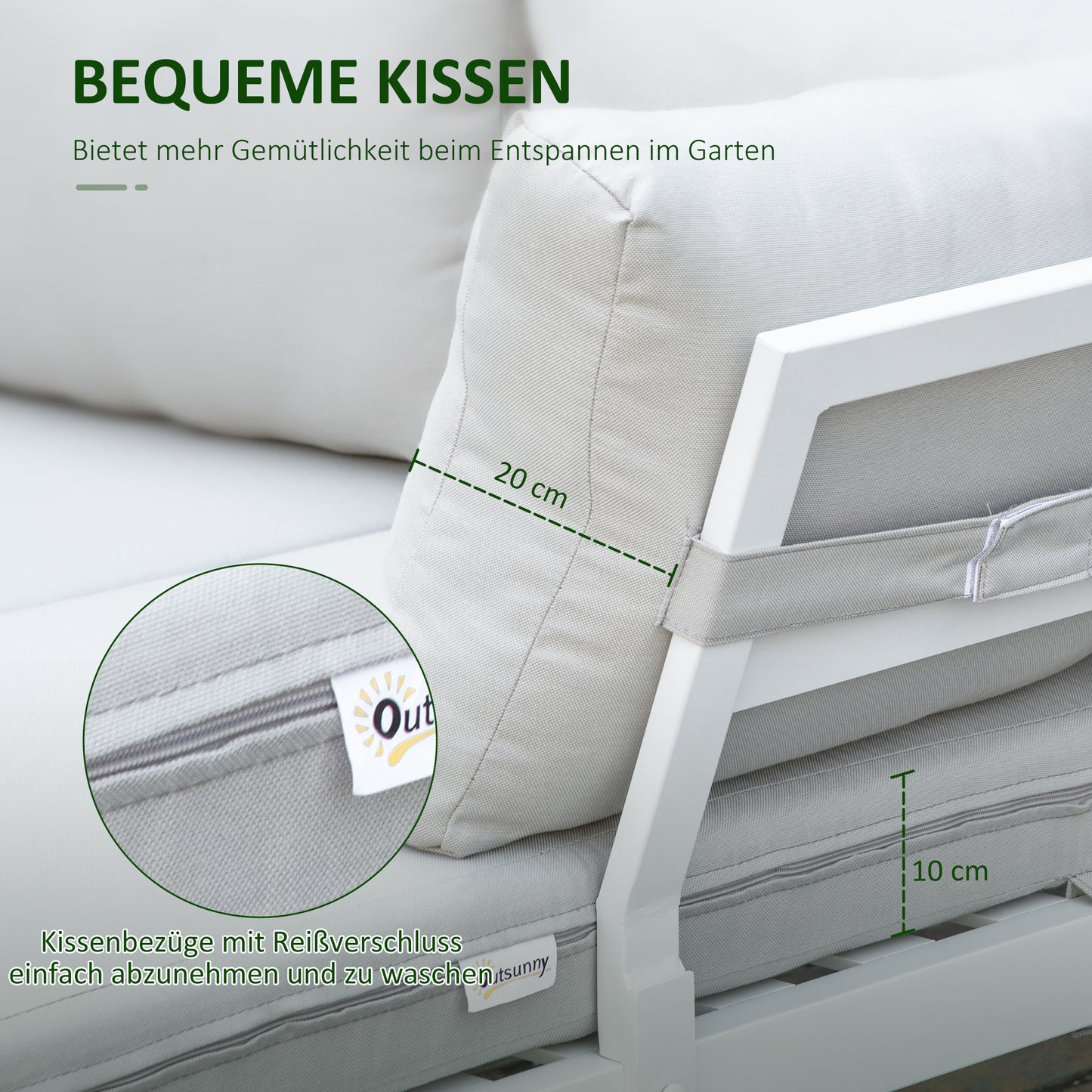Outsunny Gartenmöbel-Set für 3 Personen mit Beistelltisch Sofa mit Kissen L-Form Outdoor Aluminium Cremeweiß