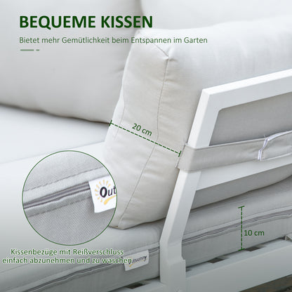 Outsunny Gartenmöbel-Set für 3 Personen mit Beistelltisch Sofa mit Kissen L-Form Outdoor Aluminium Cremeweiß