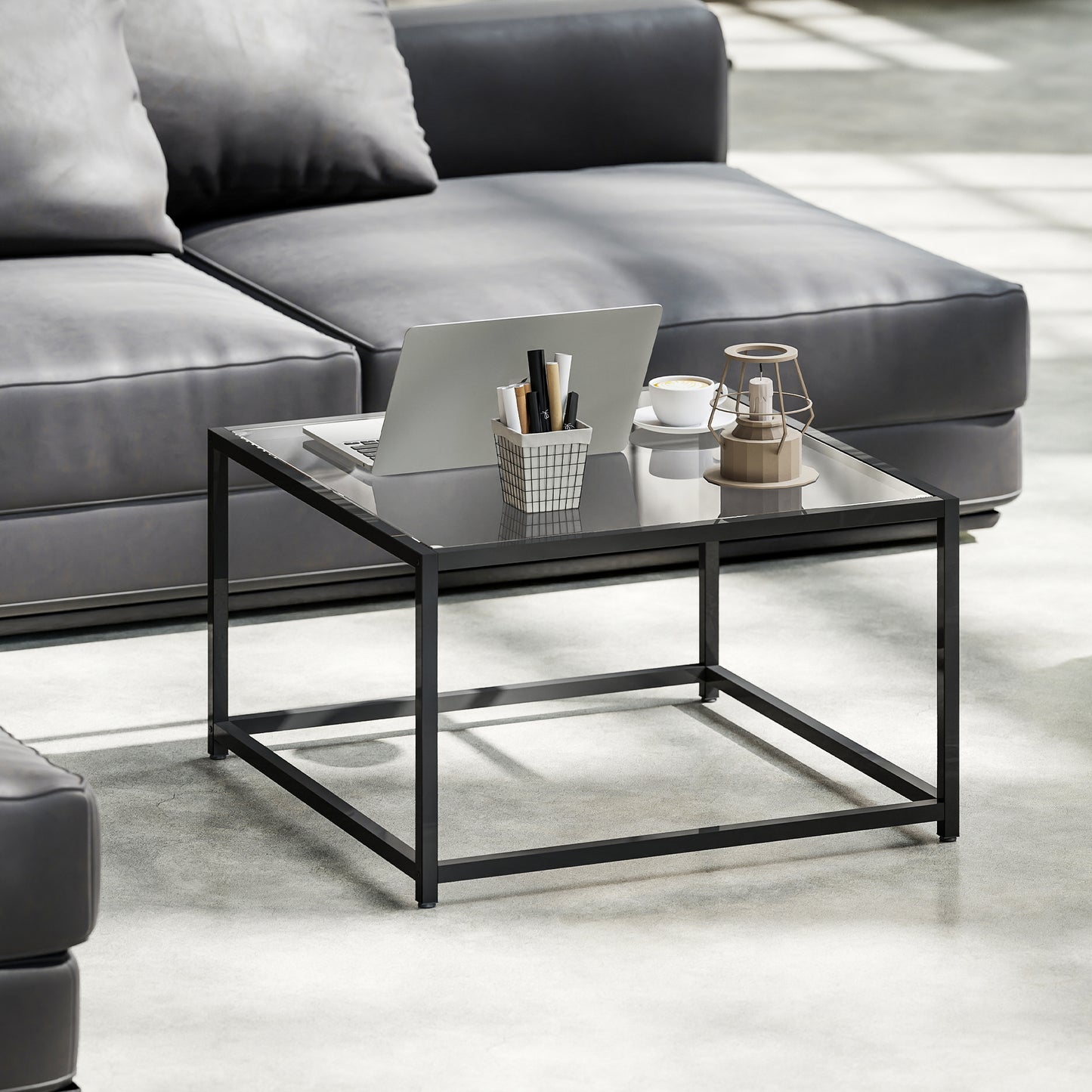 HOMCOM Beistelltisch Quadratisch Nachttisch mit Hartglas-Tischplatte, Couchtisch mit Beinen aus Stahl 68 x 68 x 39 cm Schwarz